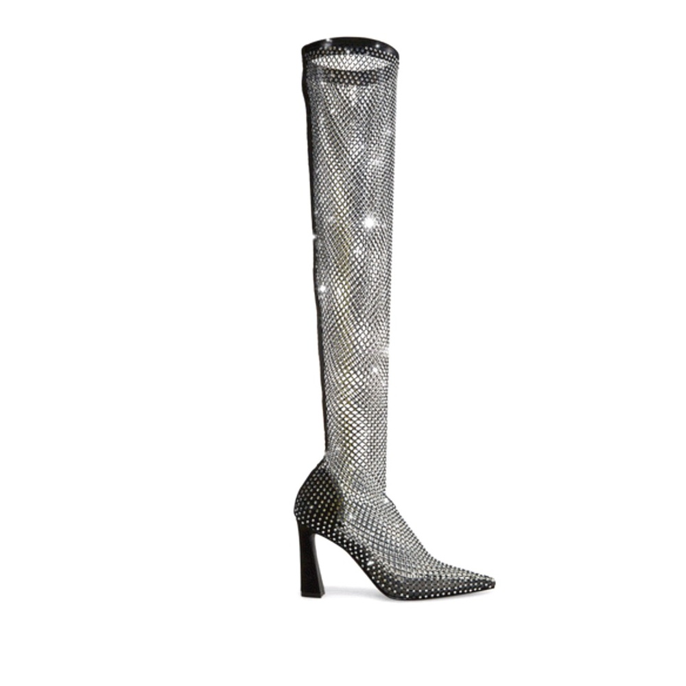 NEW! Steve Madden Over the Knee Boots, Silver Sapphire Rhinestone Mesh, Size 10